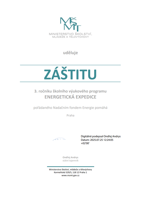 Certifikát záštity MŠMT